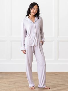 Bedtime can’t come soon enough when you’re waiting to slip into our Long Sleeve Pajama Set. Crafted with a soft stretch-knit that features enhanced breathability and luxurious drape– this lightweight set sleeps degrees cooler than cotton to keep your temperature just right through the night. With elegant contrast piping throughout, the set includes a pocketed button-up and pants with an elastic waistband. AWARDED OPRAH'S FAVORITE THINGS 2019 Women's Stretch-Knit Long Sleeve Bamboo Viscose Pajama Bamboo Sunglasses, Classic Pajamas, Bamboo Pajamas, Come Soon, Bathing Suit Cover Up, Soft Clothes, Pajama Pant, Contrast Piping, Romper Dress