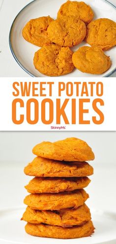 sweet potato cookies on a white plate with the words sweet potato cookies above it in orange