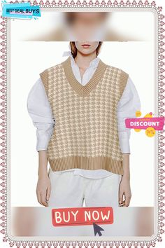 Women's Knitted Vest Loose V-neck Sleeveless Pullover Sweater V-neck Sweater Vest For Fall, Beige V-neck Tank Top For Fall, V-neck Knit Vest For Work, Sleeveless Knitted Vest For Fall, Knitted Sleeveless Vest For Fall, Chic Sleeveless Sweater, Trendy Knitted Tank Top For Fall, Sleeveless Fall Sweater Vest, Sleeveless Knit Top For Fall