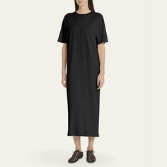 THE ROW "Gitu" T-shirt dress Round neckline Short sleeves Shift silhouette Full length Slipover style Viscose/polyester Made in Italy Summer Dress With Side Slits And Crew Neck, Summer Dresses With Side Slits And Crew Neck, Short Sleeve Maxi Dress With Side Slits For Daywear, Bergdorf Goodman, T Shirt Dress, Round Neckline, The Row, Full Length, Tops Designs