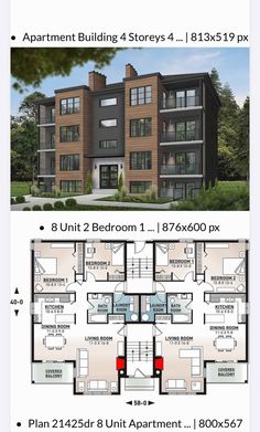 two story apartment building with floor plans and measurements for each unit in the same area