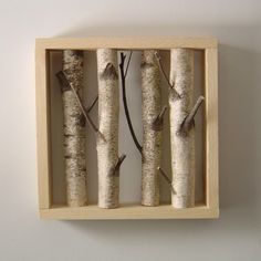 three branches in a wooden box on the wall