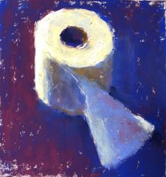 a painting of a roll of toilet paper on a blue background with purple and yellow colors