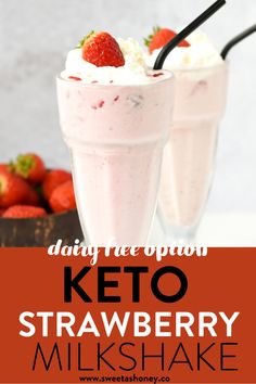 keto strawberry milkshake with whipped cream and strawberries