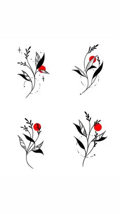 four red flowers and leaves on white paper with black ink, in the shape of three different