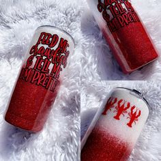 three red and white tumblers sitting on top of a furry surface with the words dead man, drinking from them