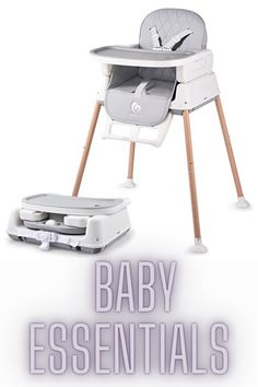 a baby's high chair with the words baby essentials on it