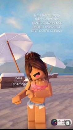 an animated image of a woman on the beach with two umbrellas in the background