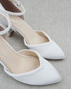 White & Ivory Satin Almond Toe Block Heels With MINI PEARLS - Etsy