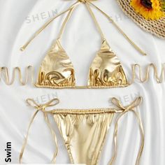 Brand New Shein Bikini. Never Been Worn. Gold Tie-side Bottom Swimwear For Swimming, Gold Tie-side Bottom Swimwear For Pool, Gold Tie-side Swimwear For Pool, Gold Halter Neck Swimwear For The Beach, Gold Halter Neck Swimwear For Party, Gold Halter Neck Beachwear Swimwear, Gold Halter Neck Fitted Swimwear, Gold Fitted Halter Neck Swimwear, Gold Party Beachwear Swimwear