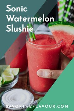 someone holding up a watermelon slushie in front of some other drinks