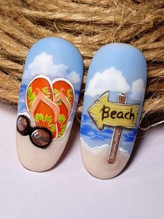 Beach Art Nails, Sea Nails Designs, Vacation Nail Art, Sea Nail Art, Acrylic Nails Almond Shape, Summer Nails 2023, Disney Acrylic Nails, Tape Nail Art, Beach Nail Art