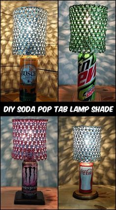 four different lamps made out of soda cans and lamp shades with the words diy soda pop tab lamp shade