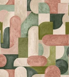 an abstract painting with various shapes and colors on it's surface, including green, pink