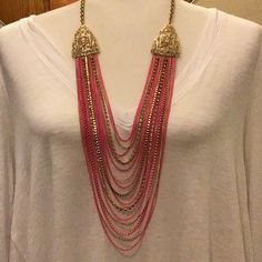 It Is Beautiful, Elegant And Versatile. This Jewel Has A Bright Pink, Fuchsia. It Is Long And Has A Lot Strands. You Can Wear In A Casual Or Formal Way, Depends On The Clothes And Accessories That You Choose. It Is Brand New And In Perfect Condition. You Are Going To Be Happy And Your Wardrobe More Complete. (Bs8) Pink Multi-strand Necklace For Parties, Golden Necklace, Long Necklaces, Jewelry Statement, Clothes And Accessories, To Be Happy, The Clothes, Bright Pink, Long Necklace