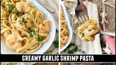 two pictures of pasta with shrimp and parsley