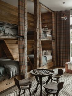 a room with bunk beds and chairs in it, next to a table that has two stools