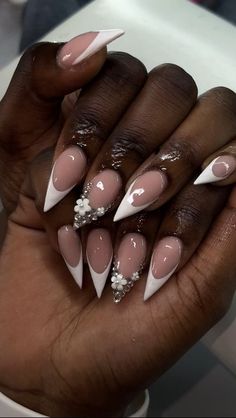 Flowers On Nails Acrylic, Acrylic Nails Ideas Wedding Guest, Bedazzled French Tip Nails Short, Stiletto Silver Nails, Builder Base Nails, White Stellio Nails, Pink Nail White French Tip, Basic Stiletto Nails, Black And Silver Stiletto Nails