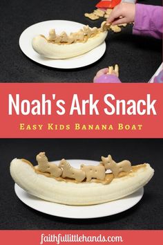 a kid is eating a banana boat made out of peanut butter and other ingredients for noah's ark snack