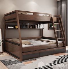 a wooden bunk bed sitting on top of a rug