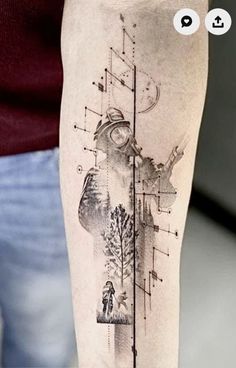 a person with a tattoo on their leg that has an image of a clock and trees