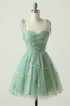 Zapaka Women Green Short Homecoming Dress A-Line Sleeveless Prom Dress With Embroidery – ZAPAKA Short Princess Dress, Mint Green Prom Dress, Tea Length Wedding, Dress With Embroidery, Spaghetti Strap Prom Dress, Floral Halter Dress, Graduation Dresses, Short Party Dress, Elegant Party Dresses