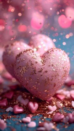 two pink heart shaped candies on a blue surface with confetti scattered around them