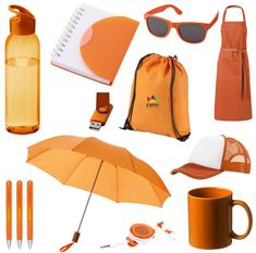 an orange umbrella, hat, sunglasses and other items are arranged on a white background