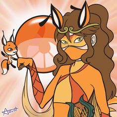 a drawing of a woman with horns holding a cat and an orange ball in her hand