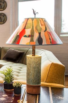 Janna Ugone & Co Table Lamp Ceramic and Wood Table Lamp with Large Conical Shade in Riviera in Poppy Hand Painted Lamp Shades, Pottery Lights, Interesting Pottery, Ceramic Lampshade, Carved Pottery, Wood Lamp Base, Large Lamp Shade, Pottery Lighting, Copper Floor Lamp