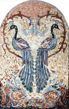 a mosaic with two birds on it's back and one bird in the middle