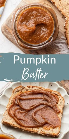 pumpkin butter is on top of bread with peanut butter in the middle and an image of a