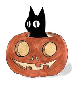 a drawing of a pumpkin with a black cat on it's head and eyes