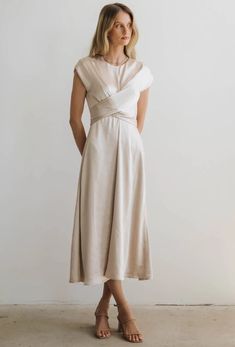 Champagne dress Simple Reception Dress, Satin Dress Outfit Classy, Bohme Dress, Satin Dress Outfit, Vietnam Clothes, Club Attire, Taupe Dress, Tan Dress, Stone Wedding