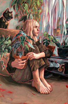 a painting of a woman sitting on the ground next to a potted plant and a cat