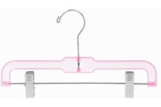 a pink plastic hanger with two clips