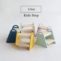 three children's step stools in different colors and sizes, with the words ina kids