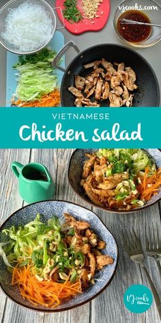 an image of chicken salad with vegetables on the side and text overlay that reads vietnamese chicken salad