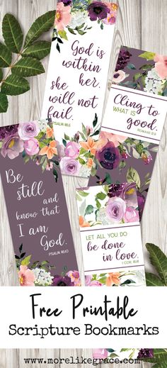 three free printable bookmarks with flowers on them and the words, god is while she