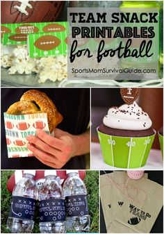 a collage of football themed items including snacks, drinks and treats for the game