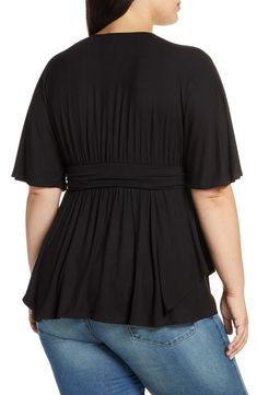 A tiered, drapey hem adds a dynamic flourish to this casual-chic stretch-knit blouse. 30 1/2" length Surplice V-neck Short sleeves 95% rayon, 5% spandex Hand wash, dry flat Made in the USA of imported fabric Encore Tall Plus Size, Curvy Fashionista, Knit Blouse, Blouse Style, Curvy Women Outfits, Plus Size Fashion For Women, Flowy Tops, Airport Outfit, Concert Outfit