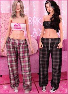 two women in pajamas standing next to each other on a pink carpeted room floor