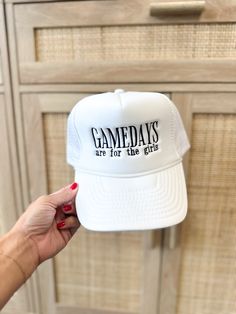 Our For the Girls Trucker Hat is a must have for gameday! White snapback hat with Black graphic. Terrycloth lining for a comfort fit. Perfect for everyday! 100% Polyester font, 100% Nylon Mesh Back ALL ACCESSORIES ARE FINAL SALE! Feel free to email us at info@emersoncharles.com or DM us with any questions regarding fit, styling, or our return policy in general. White Snapback Hat For Game Day, Team Spirit Snapback Hat, Sporty Trucker Hat For Game Day With Curved Bill, White Curved Bill Trucker Hat For Game Day, White Curved Brim Trucker Hat For College, Snapback Hat For Game Day Sports Fans, Game Day Sports Fan Snapback Hat, Sports Fan Snapback Hat For Game Day, Sporty Adjustable Snapback Hat For Game Day