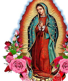 the virgin mary is surrounded by flowers and roses