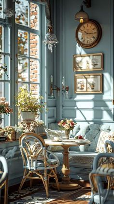 a living room filled with lots of furniture next to a clock mounted on the wall