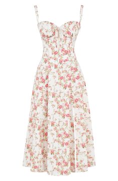 Freshen up your garden-party style in a bustier sundress fashioned with a drawstring-tie sweetheart neck, lace-up back and a thigh-baring slit. Exclusive retailer 48" length (size Medium) Sweetheart neck Lined, with padded cups and boning in bodice 65% cotton, 32% nylon, 3% polyester Dry clean Imported Plus-koon Muoti, Floral Bustier, Waist Shapers, Summer Garden Party, Midi Sundress, Estilo Chic, Bustier Dress, Rock Design, Bustier Top