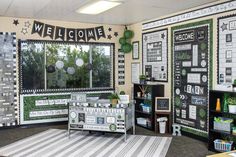 the classroom is decorated in green and white