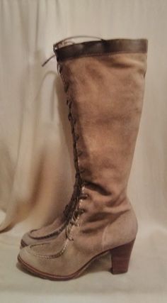 Frye Light Brown Suede Leather Lace up Knee High Heeled Boots Size 8.5B are pre-owned and in very good conditions. Please view all photos carefully as they are part of the item's description. Measurements, 18" tall, heel: 3", Width: 3" (ball of the boot), all measurements are approximate. Any questions please contact me thank you for stopping by. Brown Calf Boots, Light Brown Boots, High Heeled Boots, Knee High Heels, Brown Leather Heels, High Heel Boots Knee, Leather Heeled Boots, Light Brown Leather, Leather Lace