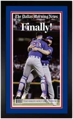 two baseball players hugging each other on the cover of a sports magazine, framed in black