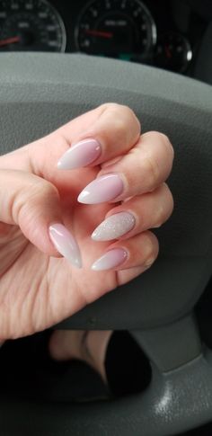 White Fade Nails Almond, Stilleto Ombre Acrylic Nails, Pink And White Ombre, French Ombre Nails Pointy, Pink And White Ombre Nails Almond, Pink To White Ombre Nails Almond, Reverse Pink And White Ombre Nails, Almond Shape Pink And White Ombre, Ombre French Nails